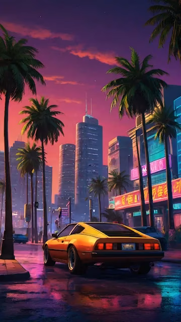 Golden sports car parked under palm trees during neon sunset - Free 4K & 8K Mobile Wallpaper