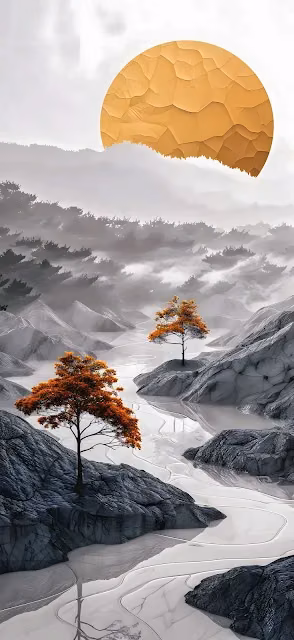 Golden Sun Monochromatic Fantasy Landscape Art - Free 4K & 8K Mobile Wallpaper