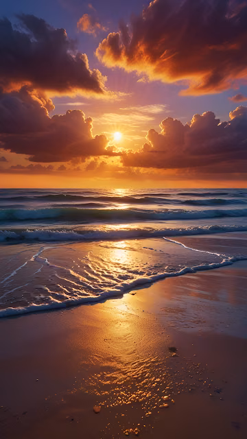 Golden Sunset Over Ocean Waves on Sandy Beach - Free 4K & 8K Mobile Wallpaper