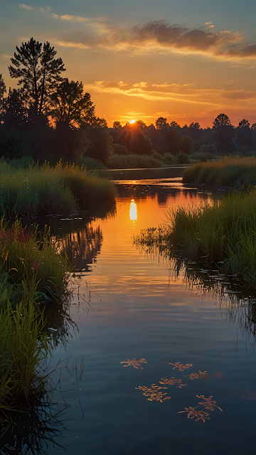 Golden Sunset Reflection on Serene River Through Tall Grasses - Free 4K & 8K Mobile Wallpaper