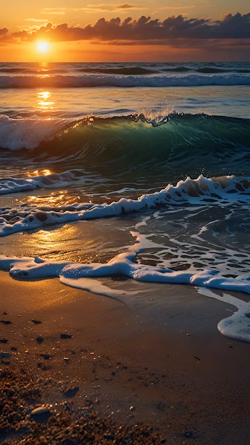 Golden Sunset Waves Rolling onto Sandy Beach - Free 4K & 8K Mobile Wallpaper