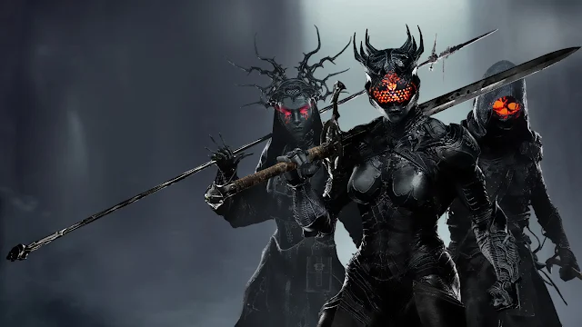 Three armored gothic warriors with glowing red visors hold greatswords and polearms in dark smoky fog. Three female fantasy knights in spiked black armor with glowing red and orange visors holding large weapons.