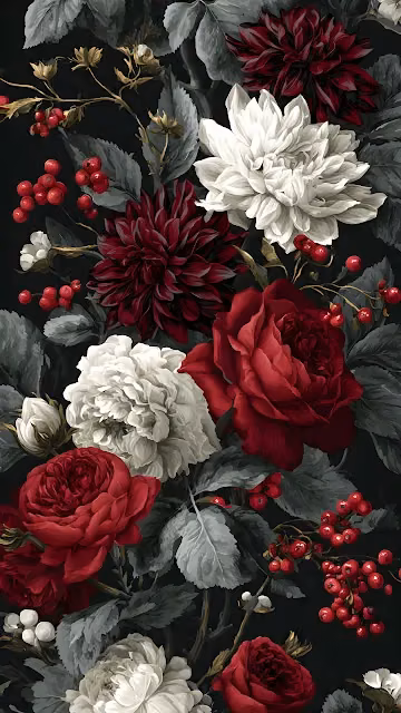 Gothic Floral Pattern Dark Red Roses White Dahlias Berries - Free 4K & 8K Mobile Wallpaper