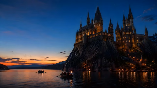 Gothic castle with glowing windows on a rocky cliff overlooking a lake with small wooden boats at dusk.