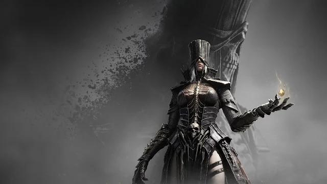 A gothic female warrior in spiked dark armor levitates a glowing golden flame before a giant hooded skull phantom. Gothic warrior woman in black spiked armor holding a glowing golden ember before a giant shadowy skull in fog.