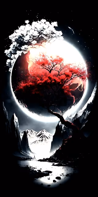 Gothic Red Moon Tree Silhouette Over Dark Mountain Valley - Free 4K & 8K Mobile Wallpaper