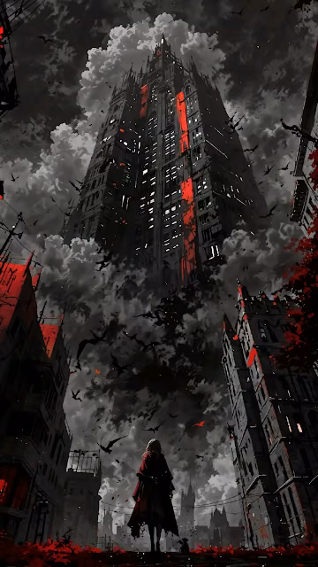 Gothic Skyscraper Cityscape Red and Black Vampire Art - Free 4K & 8K Mobile Wallpaper