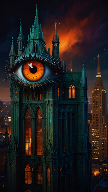 Gothic Tower with Giant Eye, Surreal Cityscape Art - Free 4K & 8K Mobile Wallpaper