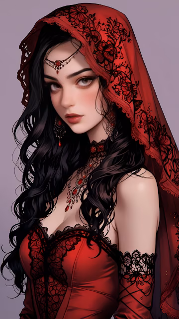 Gothic Vampire Queen Red Lace Veil Fantasy Portrait - Free 4K & 8K Mobile Wallpaper