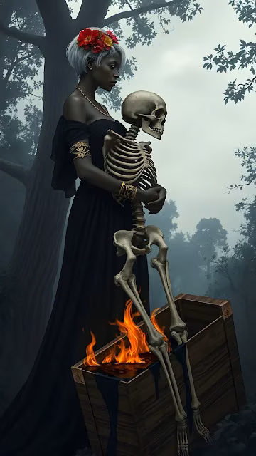 Gothic Woman Holding Skeleton in Misty Dark Forest Scene - Free 4K & 8K Mobile Wallpaper
