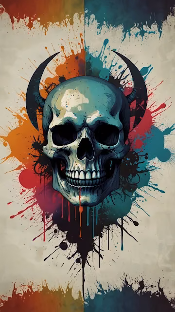 Graffiti Skull Art with Vibrant Paint Splatters and Horns - Free 4K & 8K Mobile Wallpaper