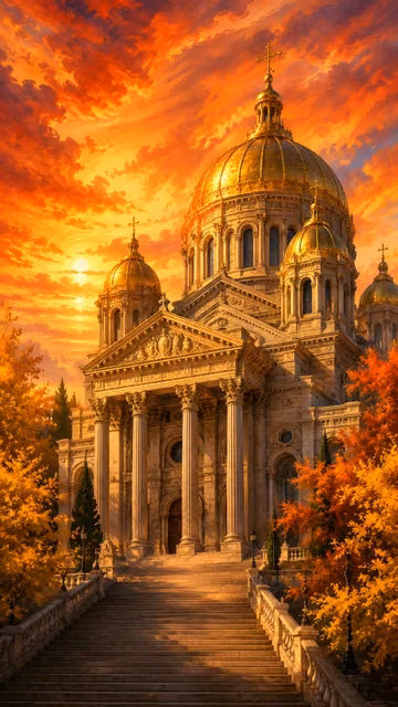 A beautiful vertical painted illustration of a massive classical stone cathedral with grand golden domes under a vibrant orange autumn sunset.