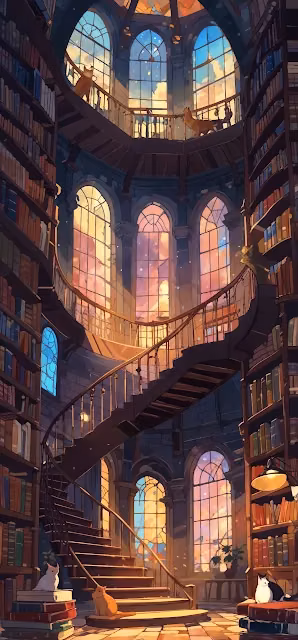 Grand Library with Spiral Staircase and Cats - Free 4K & 8K Mobile Wallpaper