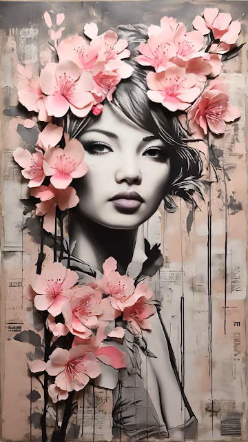Grayscale Woman Portrait Pink Sakura Flowers Art Collage - Free 4K & 8K Mobile Wallpaper