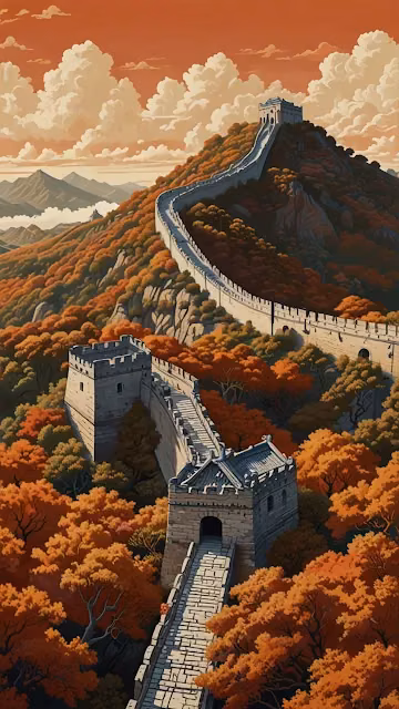Great Wall of China Autumn Landscape Illustration - Free 4K & 8K Mobile Wallpaper