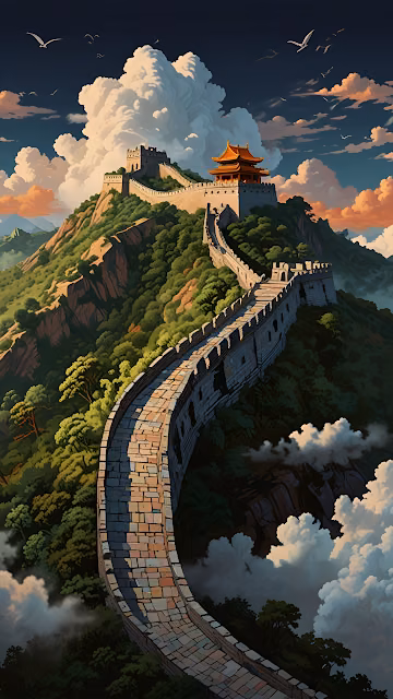 Great Wall of China Mountain Path Stylized Illustration - Free 4K & 8K Mobile Wallpaper