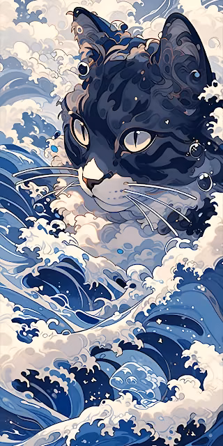 Great Wave Off Kanagawa Style Cat Ukiyo e Art - Free 4K & 8K Mobile Wallpaper