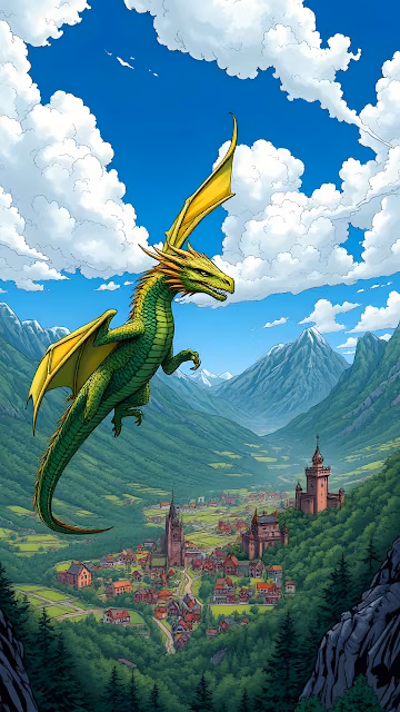 Green Dragon Over Medieval Valley - Free 4K & 8K Mobile Wallpaper