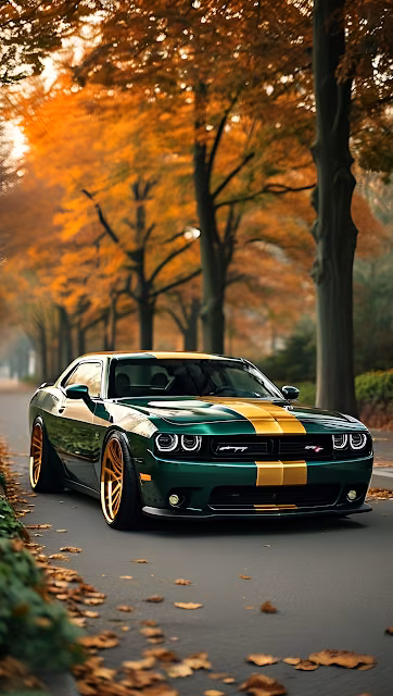 Green Muscle Car on Autumn Tree Lined Avenue - Free 4K & 8K Mobile Wallpaper