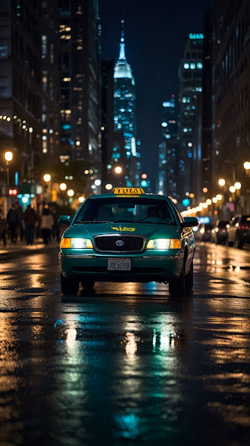Green Taxi on Rainy City Street with Skyscraper Glow - Free 4K & 8K Mobile Wallpaper