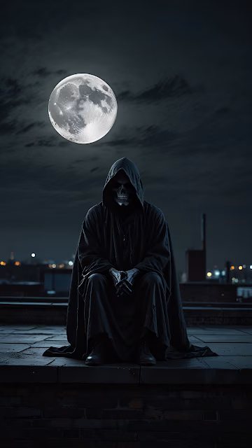 Grim Reaper Sitting on Rooftop Under Full Moon - Free 4K & 8K Mobile Wallpaper