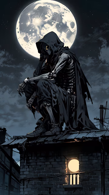 Grim Reaper Sitting on Rooftop Under Full Moon - Free 4K & 8K Mobile Wallpaper