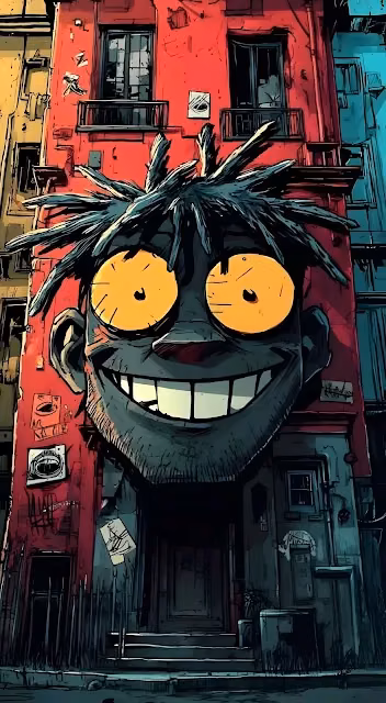 Grinning Cartoon Face Graffiti on Red Urban Building - Free 4K & 8K Mobile Wallpaper