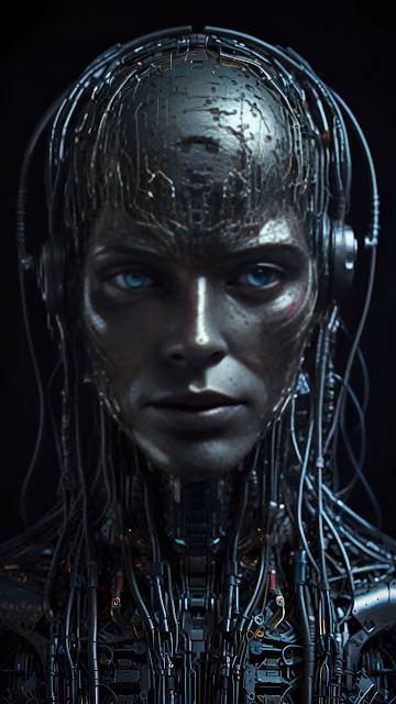 Gritty Cybernetic Humanoid Portrait with Blue Eyes - Free 4K & 8K Mobile Wallpaper
