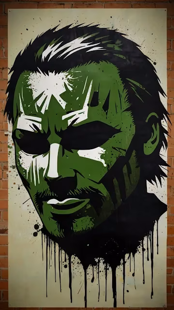 Gritty street art portrait of green faced character with black drips - Free 4K & 8K Mobile Wallpaper