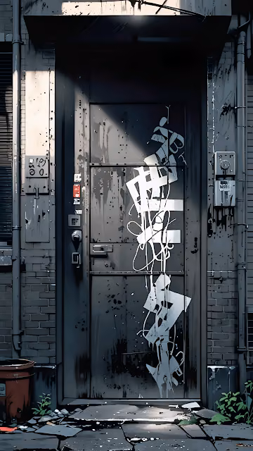 Gritty Urban Alley Door with Abstract White Graffiti Art - Free 4K & 8K Mobile Wallpaper