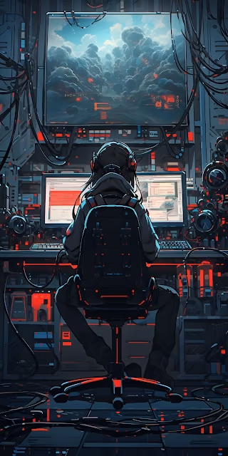 Hacker Coding Setup Dystopian Cloudscape Cyberpunk Art - Free 4K & 8K Mobile Wallpaper