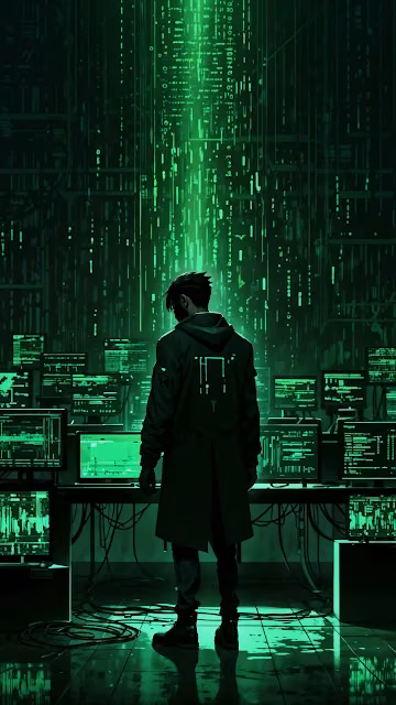 Hacker in Green Glow Facing Digital Waterfall - Free 4K & 8K Mobile Wallpaper