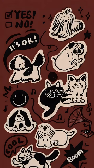 Cream sticker-style cats and dogs form a playful black ink collage on a deep maroon background.