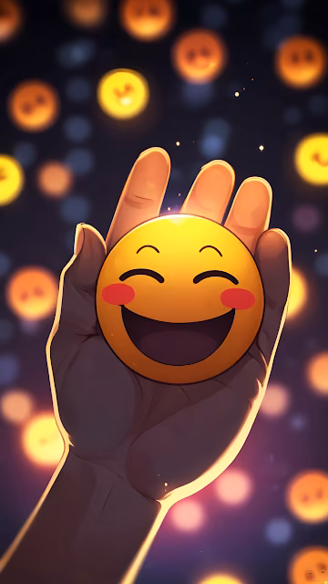 Hand Holding Smiling Emoji Amid Glowing Bokeh Lights - Free 4K & 8K Mobile Wallpaper