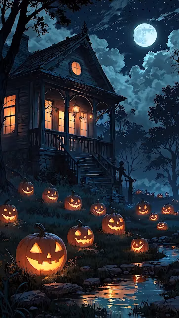 Haunted Halloween House with Glowing Pumpkins Under Full Moon - Free 4K & 8K Mobile Wallpaper