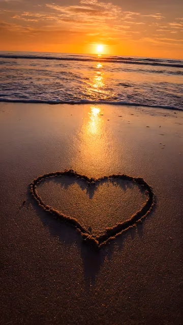 Heart Drawn in Sand at Golden Sunset Beach - Free 4K & 8K Mobile Wallpaper