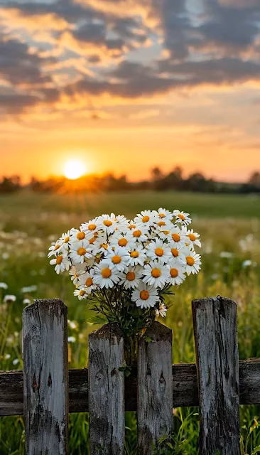 Heart-Shaped Daisy Bouquet on Rustic Fence at Sunset - Free 4K & 8K Mobile Wallpaper