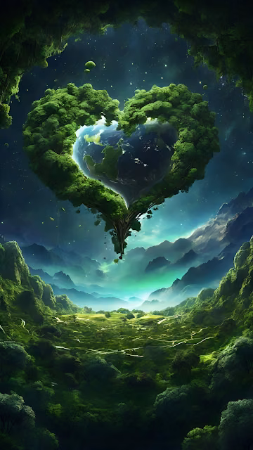 Heart-Shaped Forest Embracing Earth Against Starry Sky - Free 4K & 8K Mobile Wallpaper
