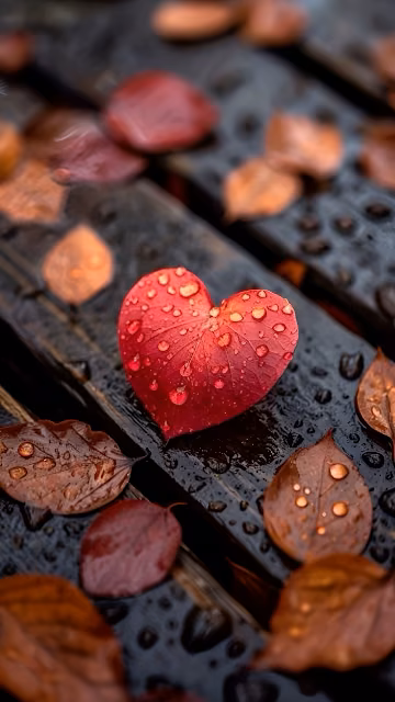 Heart-Shaped Red Leaf with Raindrops on Wet Wooden Surface - Free 4K & 8K Mobile Wallpaper