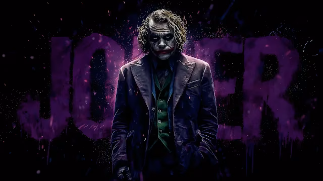 The Joker in a purple coat and green vest with white and red clown makeup on his face.