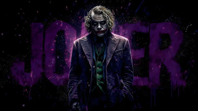 The Joker in clown makeup and purple suit stands against bold purple graphic lettering. The Joker in a purple coat and green vest with white and red clown makeup on his face.
