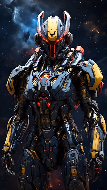 Heavily Armored Mecha Suit Standing Against Dark Nebula Sky - Free 4K & 8K Mobile Wallpaper