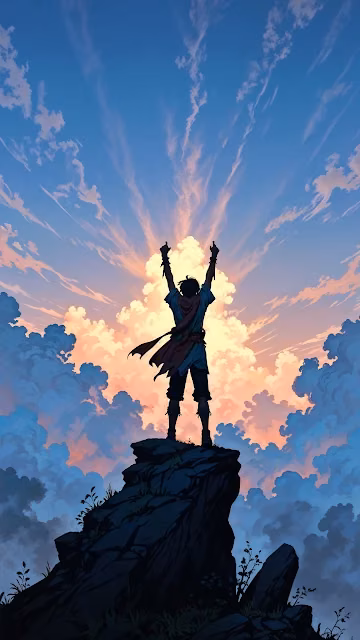 Hero Silhouette Triumphing on Cliff at Sunset - Free 4K & 8K Mobile Wallpaper