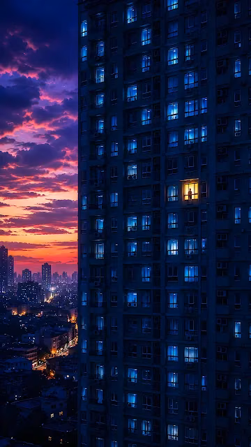 A high-rise residential building overlooks a vibrant purple and orange sunset over a city skyline. Tall residential apartment building at twilight with one warmly lit window against a purple sunset.