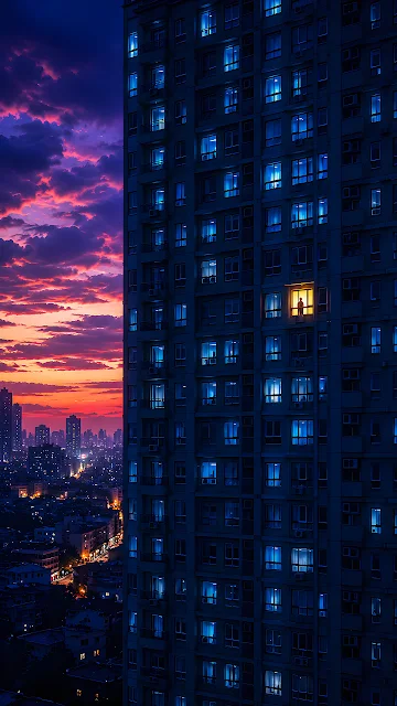 A high-rise residential building overlooks a vibrant purple and orange sunset over a city skyline. Tall residential apartment building at twilight with one warmly lit window against a purple sunset.