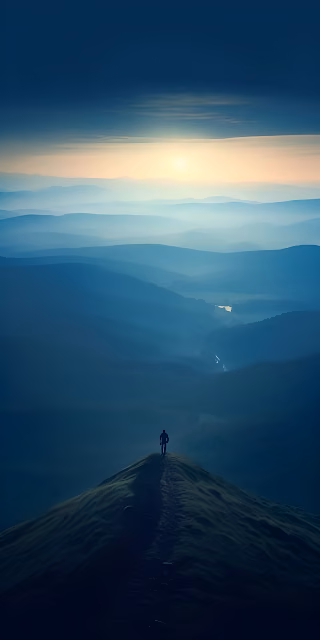 Hiker Sunrise Blue Mountain Layers Ridge Silhouette Vista - Free 4K & 8K Mobile Wallpaper