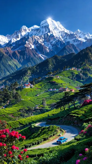 A snow-covered Himalayan peak towers over lush green tea terraces and a winding road with a blue car. Snowy mountain peak with a sunburst over green terraced tea plantations and a winding road with a blue car.