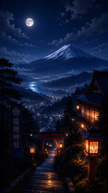 Stone stairs with glowing stone lanterns leading to a red torii gate looking over a lit valley town and mountain under full moon.