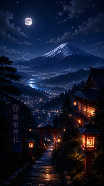 Download Historic Japanese shrine path looking towards snowcapped mountain Wallpaper in 4K UHD Stone stairs with glowing stone lanterns leading to a red torii gate looking over a lit valley town and mountain under full moon.