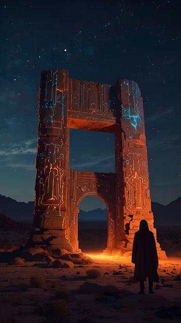 Hooded Figure Before Glowing Ancient Portal in Desert - Free 4K & 8K Mobile Wallpaper